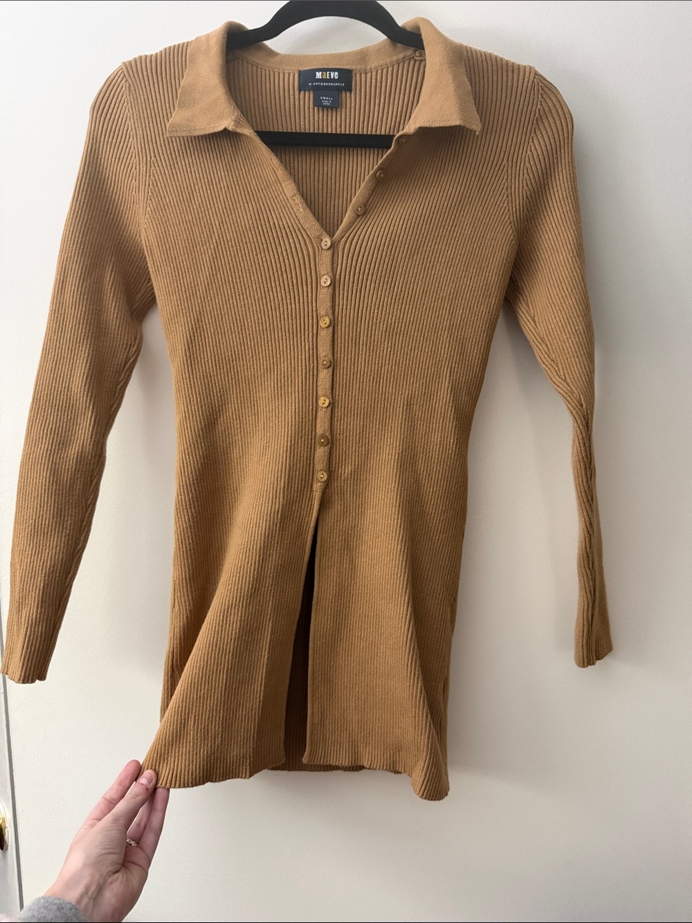Maeve Camel Ribbed Long-Sleeve Polo Button-Up Top
